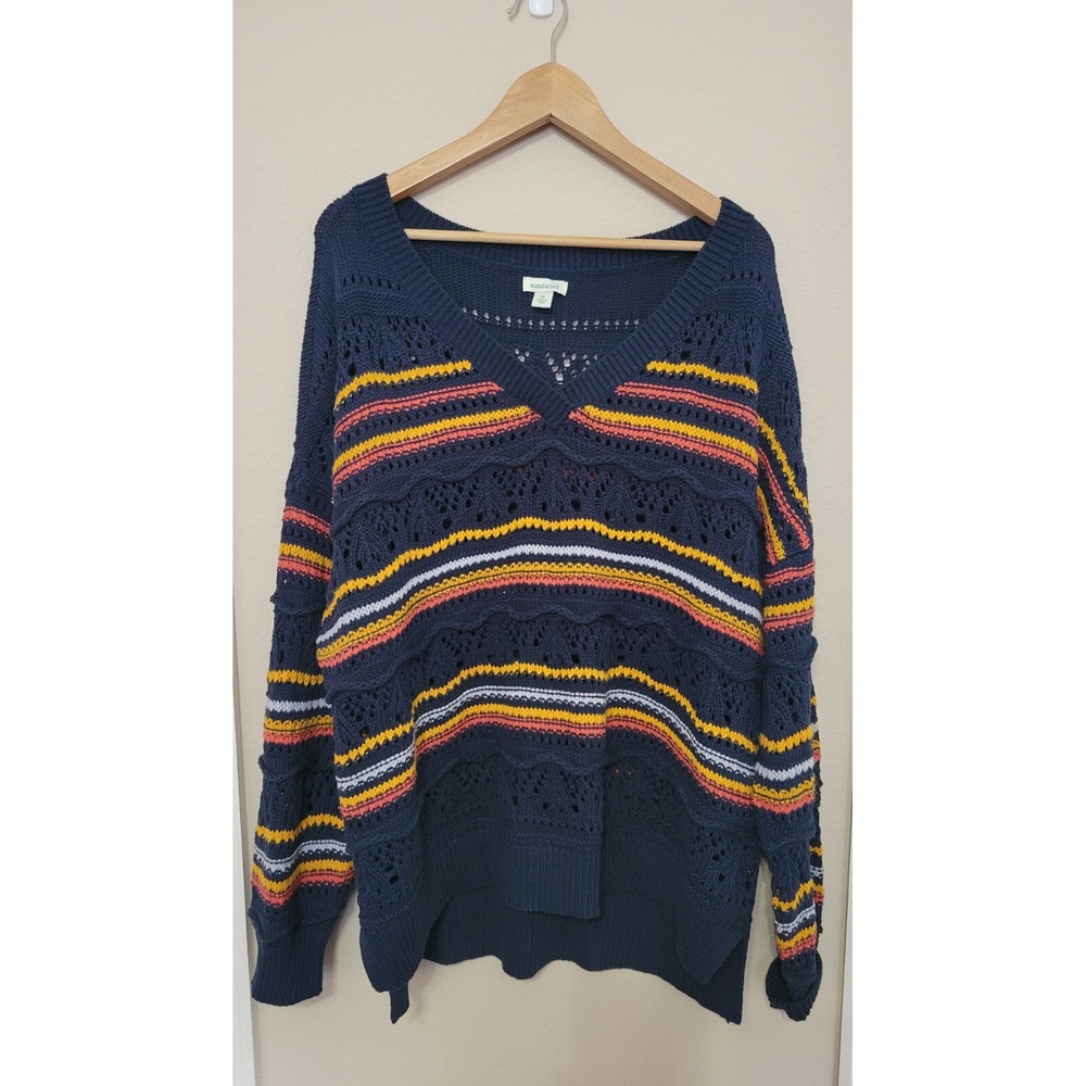 Sundance V Neck Open Knit Stripe Sweater Size XL Navy Blue Womans Hi Lo Hem Boho